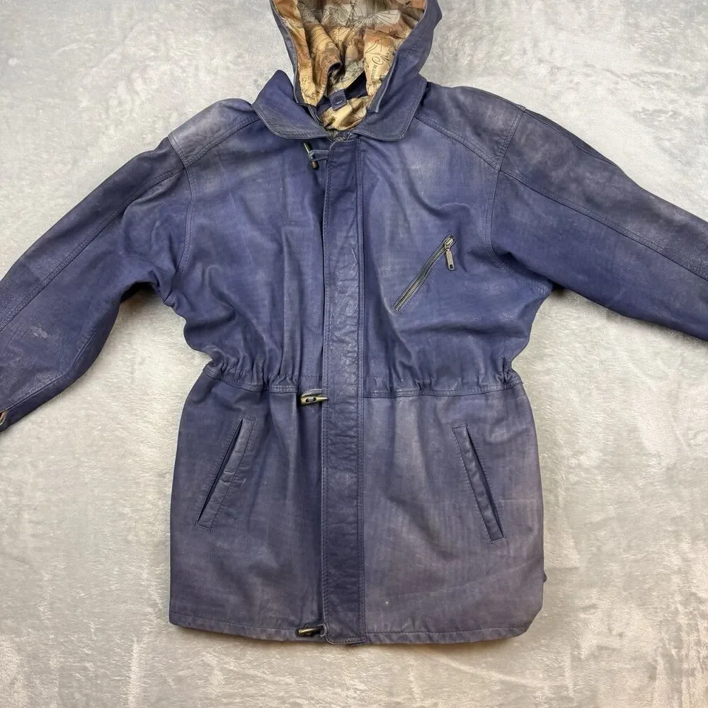 Vintage Creaciones 1000TON Blue Leather Hooded Jacket Coat Map Lined